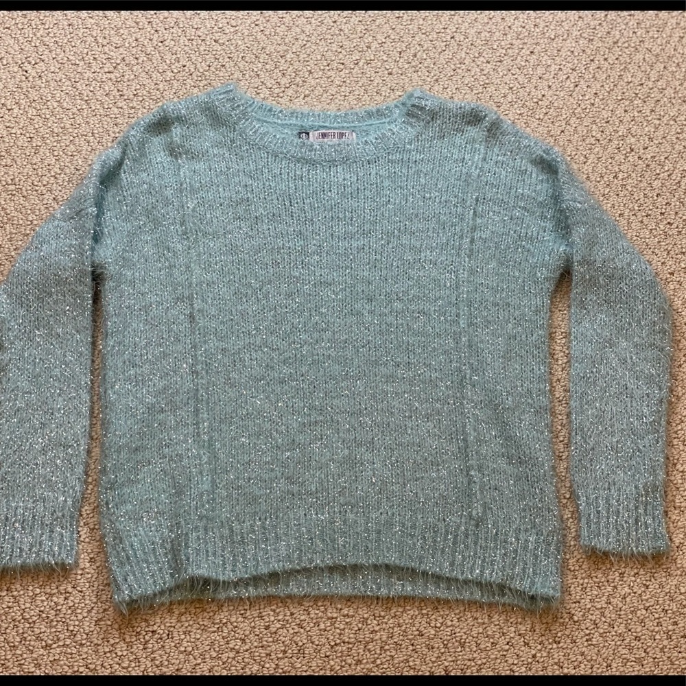 Jennifer Lopez blue metallic long sleeve sweater